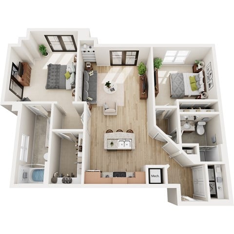Floor plan for 2 beds, 2 baths, 1174 sqft